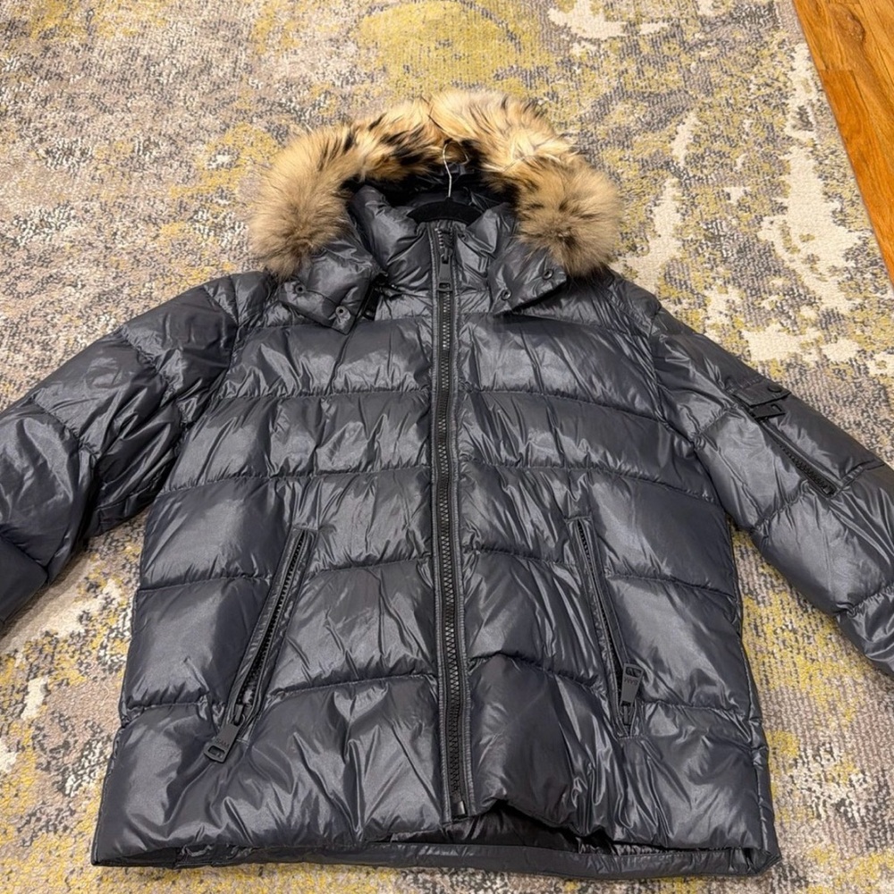 SAM. Charcoal Puffer Jacket with Faux Fur Hood